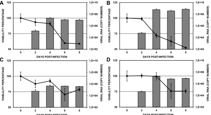 Fig. 4 – Viability and replication of clinical isolates in C6/36HT cell cultures. Cultures were maintained for eight days; cell viability was measured by the MTT method and quantification of infection by RT-qPCR was performed every 48 h