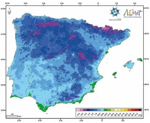 Figura 10: Mapa da Península Ibérica com a representação da temperatura média mínima. (Fonte: 