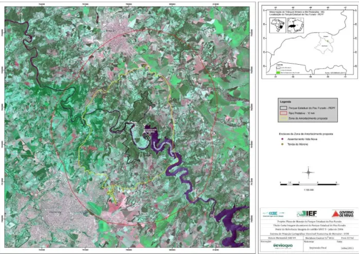 Figura 2.  Delimitação da zona de amortecimento (em amarelo) e área circundante (em vermelho)  do Parque Estadual do Pau Furado, em Minas Gerais