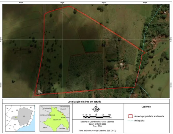 Figura 3. Delimitações da Fazenda Pindaíba, em Minas Gerais. (Fonte: Google Earth, 2017)