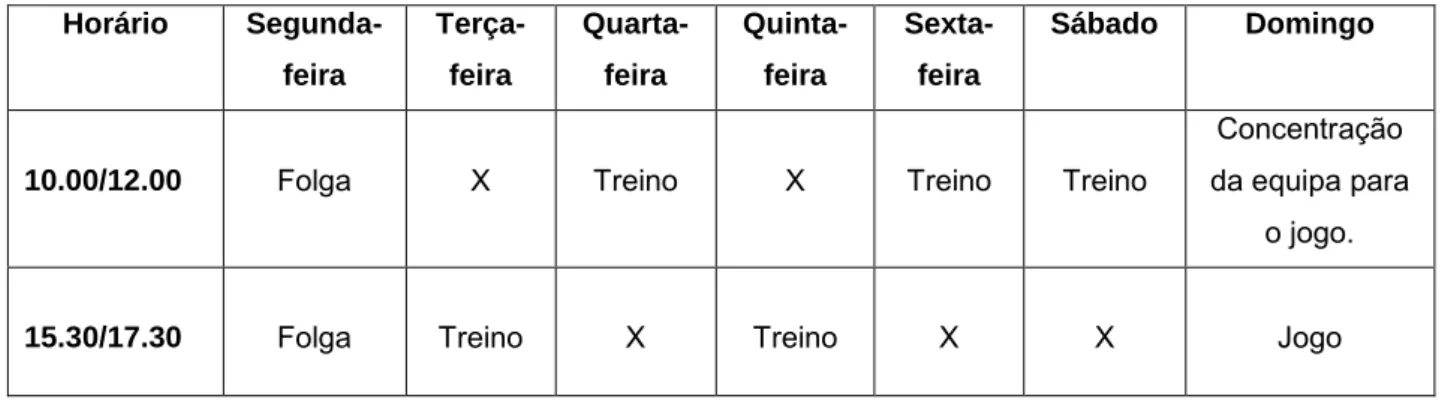 Tabela 4 –  Organização do processo de treino. 