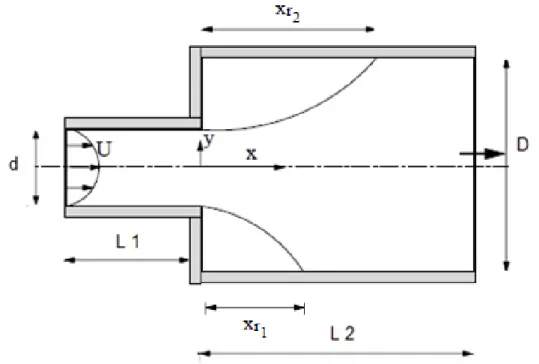 Fig. 10- Esquema da geometria da expansão súbita e parâmetros relevantes. 