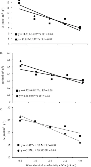Figure 2. Photosynthesis - E (A), stomatal conductance - gs  (B) and transpiration - A (C) in soybean plants irrigated with  saline water in soil with ( ▪ ) and without ( ● ) bovine biofertilizer affected when bovine biofertilizer was used