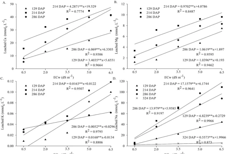 Figure 3. Concentrations of calcium (A), magnesium (B), potassium (C) and sodium (D) leached in the water drained  from the lysimeters