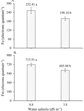 Figure  2.  Initial  fluorescence  -  Fo  (A)  and  maximum  fluorescence - Fm (B) of West Indian cherry plants irrigated  with saline water at 180 days after transplanting