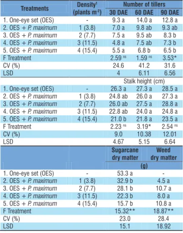 Table 3. Number of tillers, stalk height, sugarcane dry  matter and  Panicum maximum  dry matter obtained at  different densities in different periods of evaluation for  sugarcane