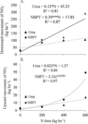 Figure 4. Downward (A) and upward (B) movements of  NO 3 -  as a function of the N dose, for conventional urea  and NBPT-treated urea