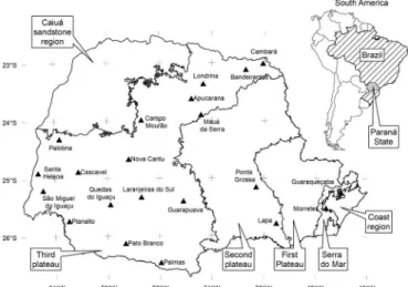 Figure 1. Distribution of the sampled sites and morpho- morpho-physiographic regions of the Paraná state