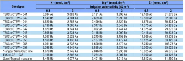 Table 3. Test of means for potassium (K + ), magnesium (Mg +2 ) and chloride (Cl - ) in the substrate cultivated with citrus  hybrids subjected to water salinity