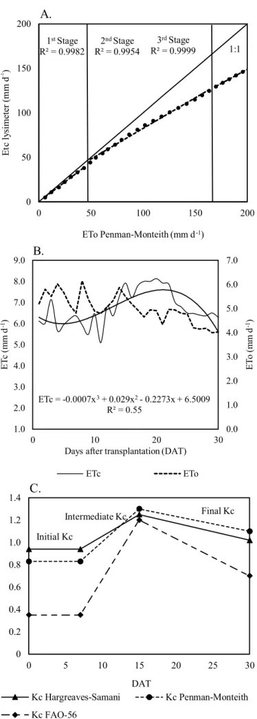 Figure 3. Analysis of correlation between ETc and ETo in  lysimeters, variation of the ETc temporal series and ETo  and crop coefficient (Kc)