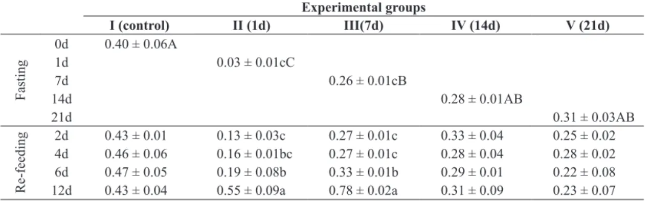 Table 1. Liver protein content (mg g -1  tissue) after different fasting periods and during re‑feeding.