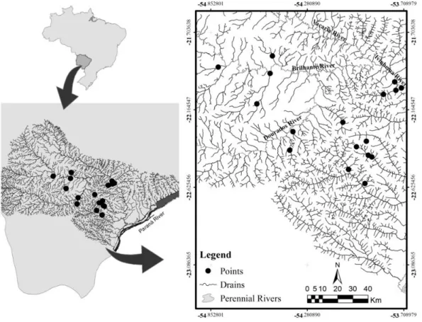 Figure 1. Study area and sampled streams in the Ivinhema River Basin, Upper Paraná Basin, Brazil.