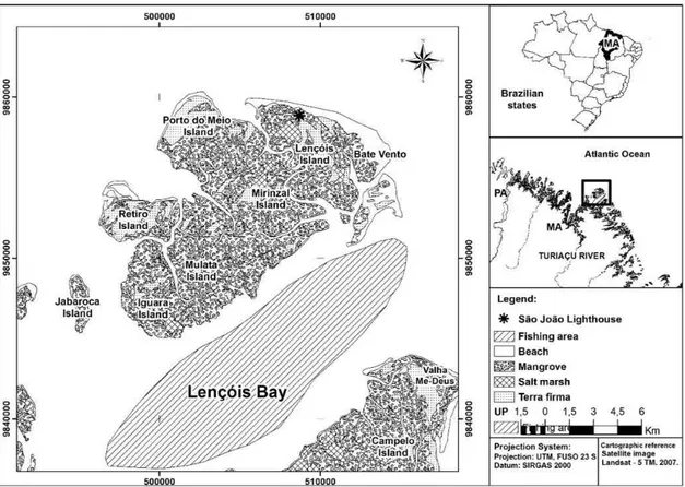 Figure 1.  Location of Lençóis Bay and catch area identified by hatched line.