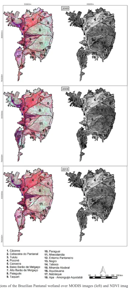Figure 2.  Sub-regions of the Brazilian Pantanal wetland over MODIS images (left) and NDVI images (right) of the years  2000, 2008 and 2015 (USGS, 2000, 2008, 2015), in R (MIR), G (NIR) B (Red) composition, with 250 m spatial resolution.
