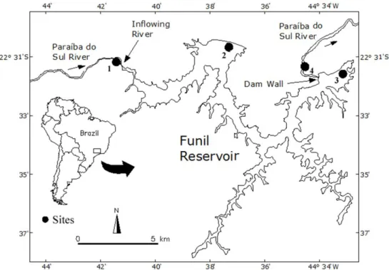 Figure 1. Map of the Funil reservoir with indication of the four studied zones. 1, river upstream from the reservoir; 2, upper  reservoir; 3, lower reservoir; 4, river downstream of the reservoir.