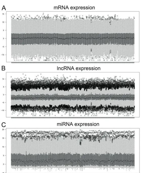 Figure 1. Box plot distribution of TCGA data related to gastric carcinoma samples. A, messenger RNA (mRNA) expression; B, long non- non-coding RNA (lncRNA) expression; C, microRNA (miRNA) expression