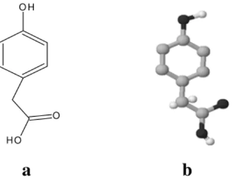 Figura 3 - Estrutura do ácido 4-hidroxifenilacético (a) fórmula estrutural (b) modelo  tipo bola-e-bastão 