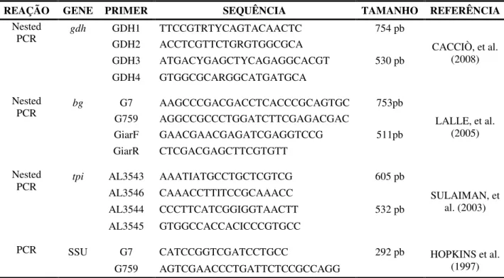 Tabela  3.  Gene  alvo  e  primers  utilizados  para  a  amplificaçãodo  DNA  de  G.  duodenalis  pelo  método de PCR e Nested PCR