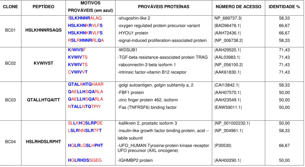 Tabela 5- Análise da similaridade dos peptídeos selecionados com proteínas humanas 