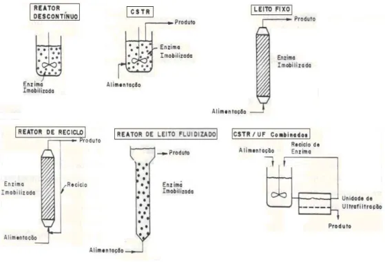 Figura 2.7  –  Tipos de reatores enzimáticos (RIBEIRO, 1989). 