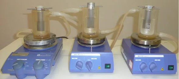 Figura 3.3  –  Foto dos reatores tipo mistura com operação batelada utilizados para realizar as  reações de hidrólise de sacarose por invertase imobilizada