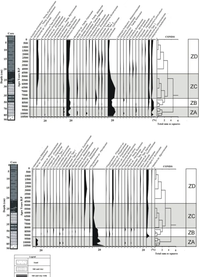 Figure 4.  Q-mode dendrogram of Lc2-01 core showing the depositional phase; age showing depositional phases obtained from the  Q-mode dendrogram.