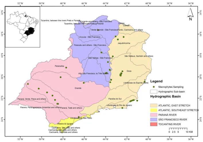 Figure 1.  Location of the study areas mentioned in scientific publications on aquatic plants in Southeast Brazil, detailed by hydrographic  basins and sub-basins - Ottobasin levels 1 and 2 (ANA 2017).