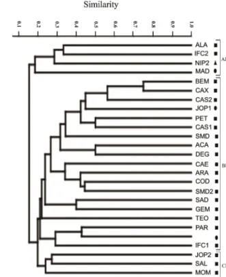Figure 4.  Similarity dendrogram, based on Jaccard’s coefficient  for pollen types of Fabaceae, comparing propolis samples produced  in northeastern Brazil