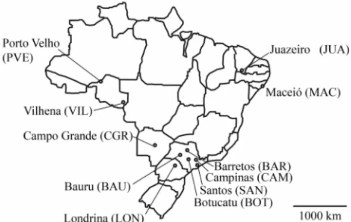 Table 1 - Locations, coordinates, and sample sizes of Aedes aegypti collections in Brazil.