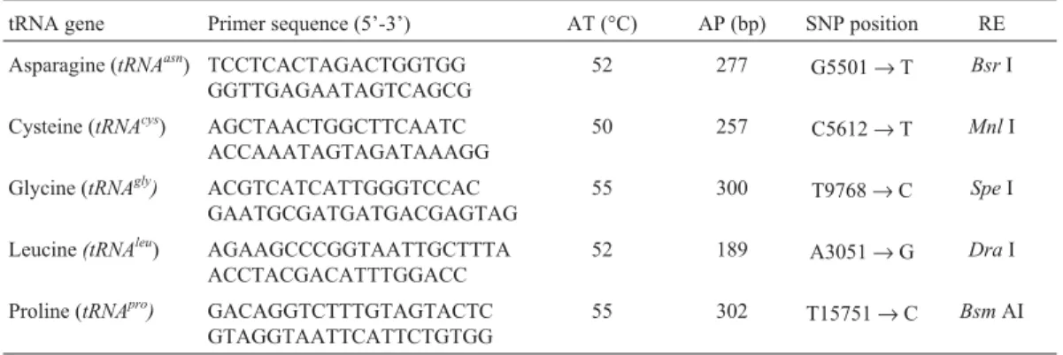 Table 1 - Gene names, primers, annealing temperatures (AT), polymerase chain reaction (PCR) amplicon (AP) sizes in base pairs (bp), single nucleotide polymorphism (SNP) base position and restriction enzymes (RE) used in the study