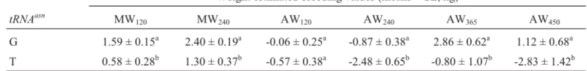 Table 2 - Analysis of variance between weight estimated breeding values (EBV) for the G5501 → T (G, n = 247; T, n = 71) mitochondrial tRNA asn gene single nucleotide polymorphism (SNP)