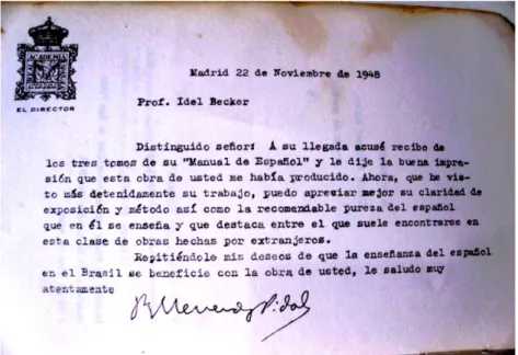 Foto 6: Agradecimento da Real Academia Española, por seu atual diretor Ramón   Menéndez Pidal, escrito após a primeira edição escrita em 1945
