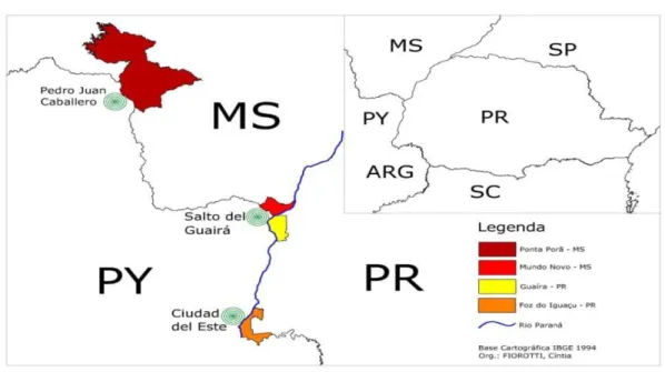 Figura 2 - Localização de algumas cidades com grande fluxo de pessoas com comércio e  transporte de mercadorias na fronteira Brasil-Paraguai, 2010