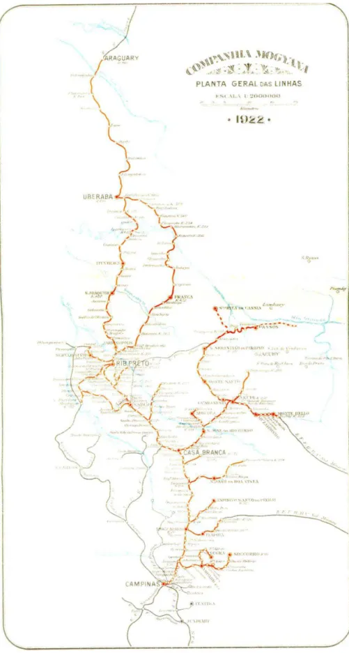 FIGURA  1.  Extensão  das  ferrovias  da  Companhia  Mogiana  de  Estrada  de  Ferro.  Publicado  na  ocasiao  do  cinquentenário  da  companhia,  em  1922,  o  mapa apresenta linhas que ela construiu entre 1872 e 1921