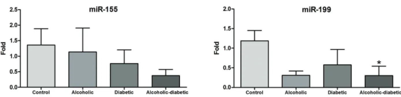 Figure 4. Mean ( ± standard error) of microRNAs-155 and -199 expression in the cavernous tissue samples of the groups studied.