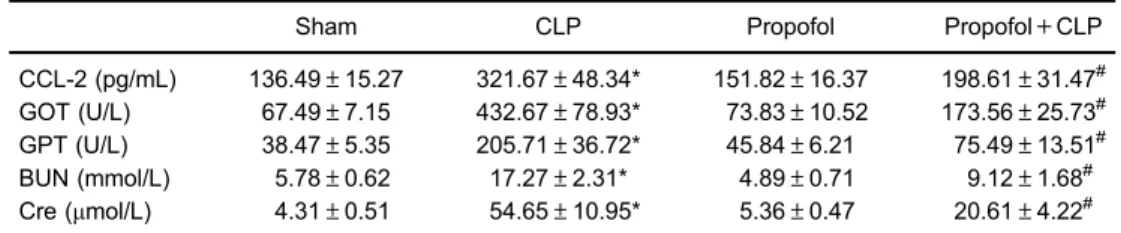 Table 2. Effects of propofol on hepatic and renal function in cecal ligation and puncture (CLP)-operated or sham-operated mice.