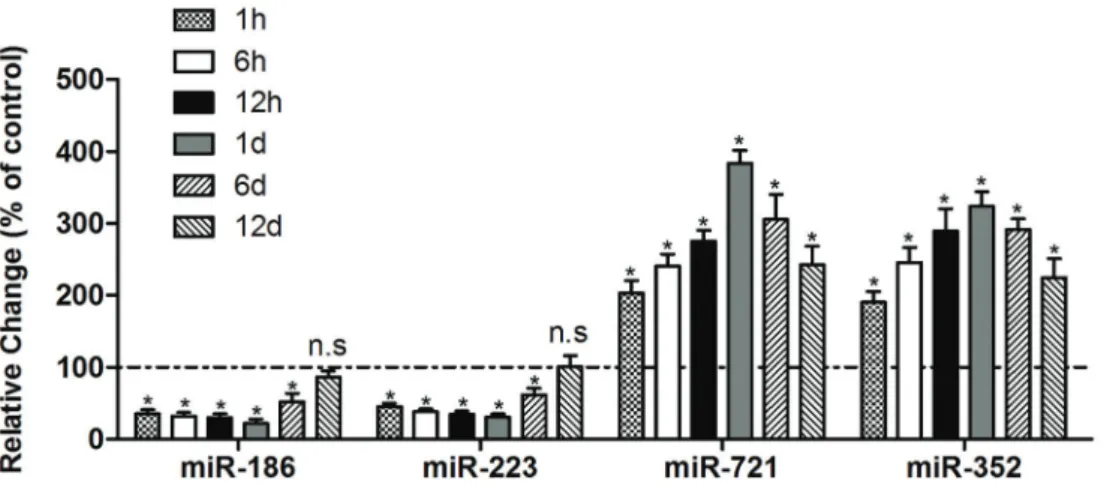 Figure 5. Dysregulated miRs found in trigeminal ganglions from complete Freund’s adjuvant (CFA)-injected mice assessed by RT-qPCR at each time-point (n=6)