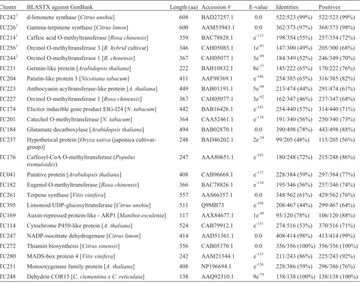 Table 1 - Flavedo differentially expressed sequences, putative flavedo-specific and -enriched genes: BLAST results.