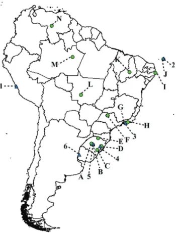 Figure 2 - Map of South America with the sampling points of the popula- popula-tions of D