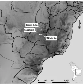Figure 1 - Geografic view of Scinax constrictus and Ololygon centralis sampled sites. Scinax constrictus were collected at Barro Alto and Goiânia, GO
