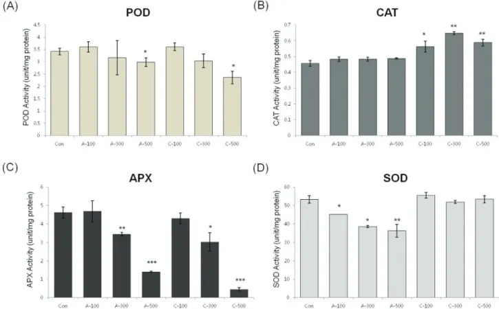 Figure 9 - Effect of acute and chronic gamma irradiation treatment on the activities of (A) POD, (B) CAT, (C) APX, and (D) SOD in wheat seedlings.