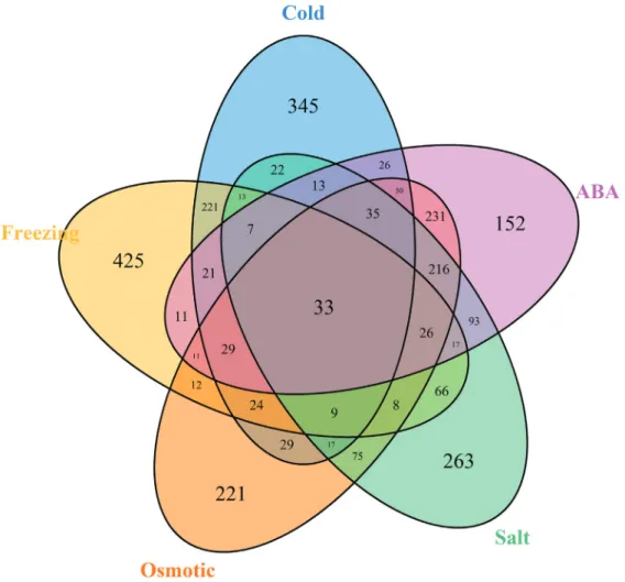 Figure 5 - Diagrammatic representation of the distributions of Medicago ruthenica genes that are differentially expressed in response to five abiotic stresses