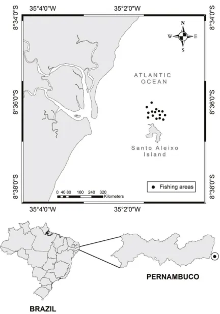 Fig. 1. Study area in the coast of state of Pernambuco, northeastern Brazil. Black dots represent fishing sites.