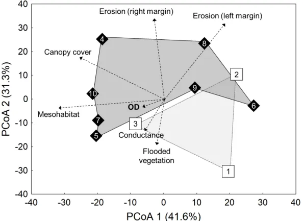 Fig. 2. Ordination of two axes generated by the principal coordinates analysis (PCoA) applied to the environmental data of Urban (white squares) and  Rural streams (black diamond) of Maringá, Paraná, Brazil (1, Ribeirão Maringá; 2, Miosótis; 3, Mandacaru; 