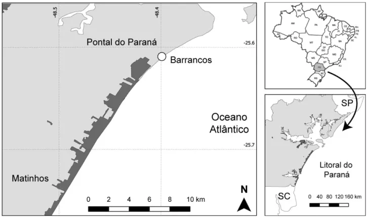 Fig. 1. Mapa da Planície de Praia de Leste, região central do litoral do Paraná, Brasil