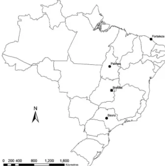 Fig. 1: localisation of participating municipalities in each Brazil- Brazil-ian region for the DPP® CVL validation study: Bauru, São Paulo  state, Southeast region; Brasília, Federal District, Mid-West region; 
