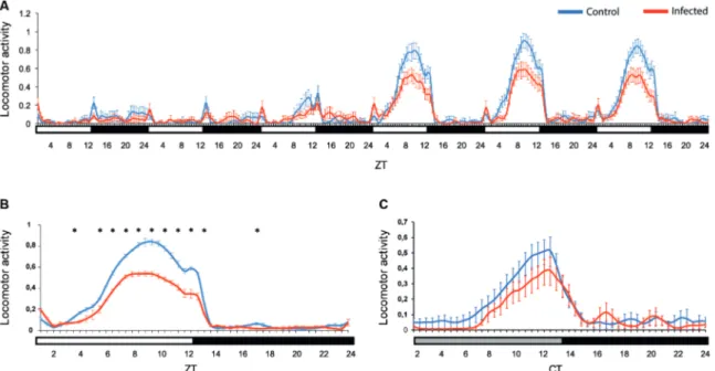 Fig. 2: locomotor activity of Aedes aegypti females infected by Zika virus (ZIKV). Locomotor activity of control (blue line, n = 51) and infected  Ae