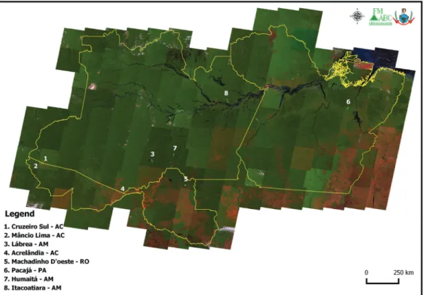Fig. 1: study area. Sampled localities and landscapes in 2015-16, Amazon. The background is a RGB mosaic made from remote sensing images  in 2011