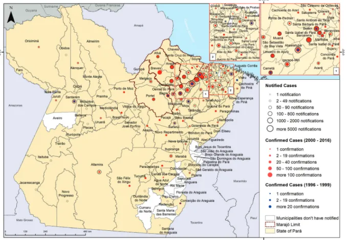 Fig. 1: distribution of acute Chagas disease cases during the period 1996-2016, in the state of Pará, Brazil