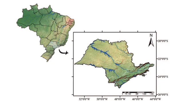 Figure 1. Map of the Brazil with São Paulo state highlighted in grey, and the map of the state detailed.